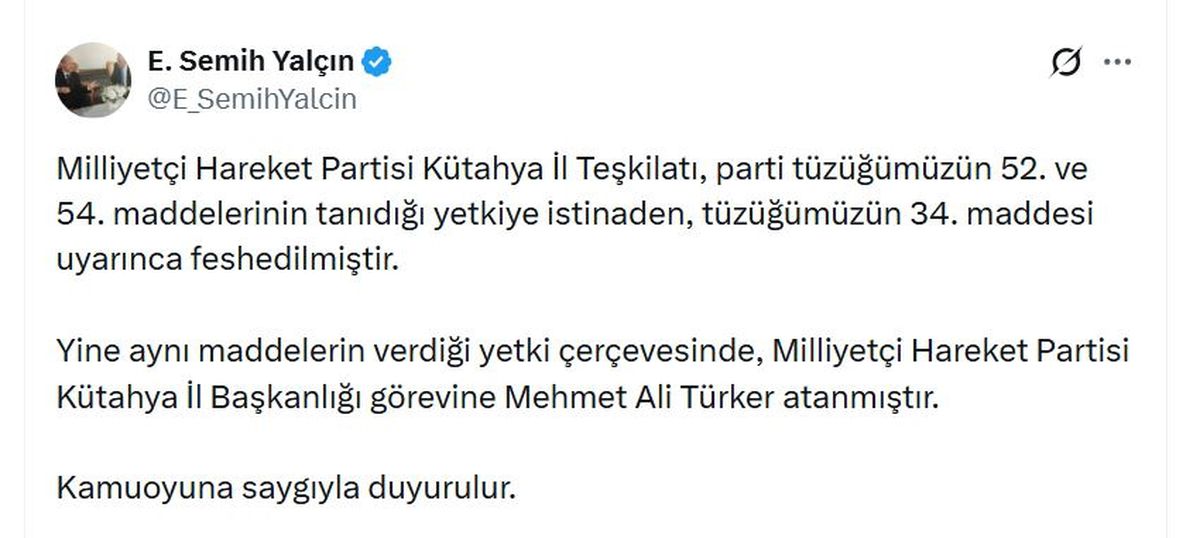 MHP Kütahya İl Teşkilatı Resmen Feshedildi